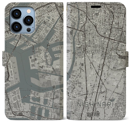 【西成（大阪府）】地図柄iPhoneケース（手帳タイプ）モノトーン・iPhone 13 Pro Max 用