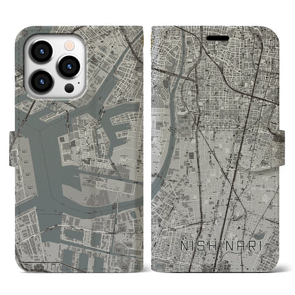 【西成（大阪府）】地図柄iPhoneケース（手帳タイプ）モノトーン・iPhone 13 Pro 用