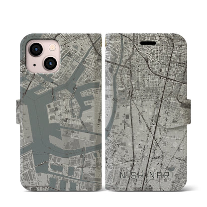 【西成（大阪府）】地図柄iPhoneケース（手帳タイプ）モノトーン・iPhone 13 mini 用