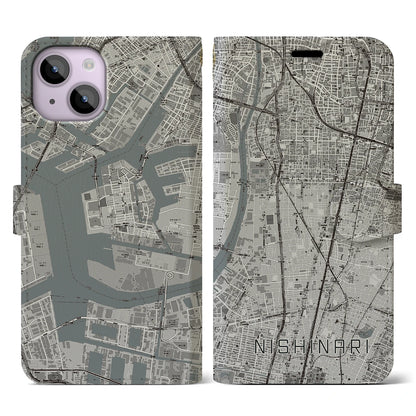【西成（大阪府）】地図柄iPhoneケース（手帳タイプ）モノトーン・iPhone 14 用