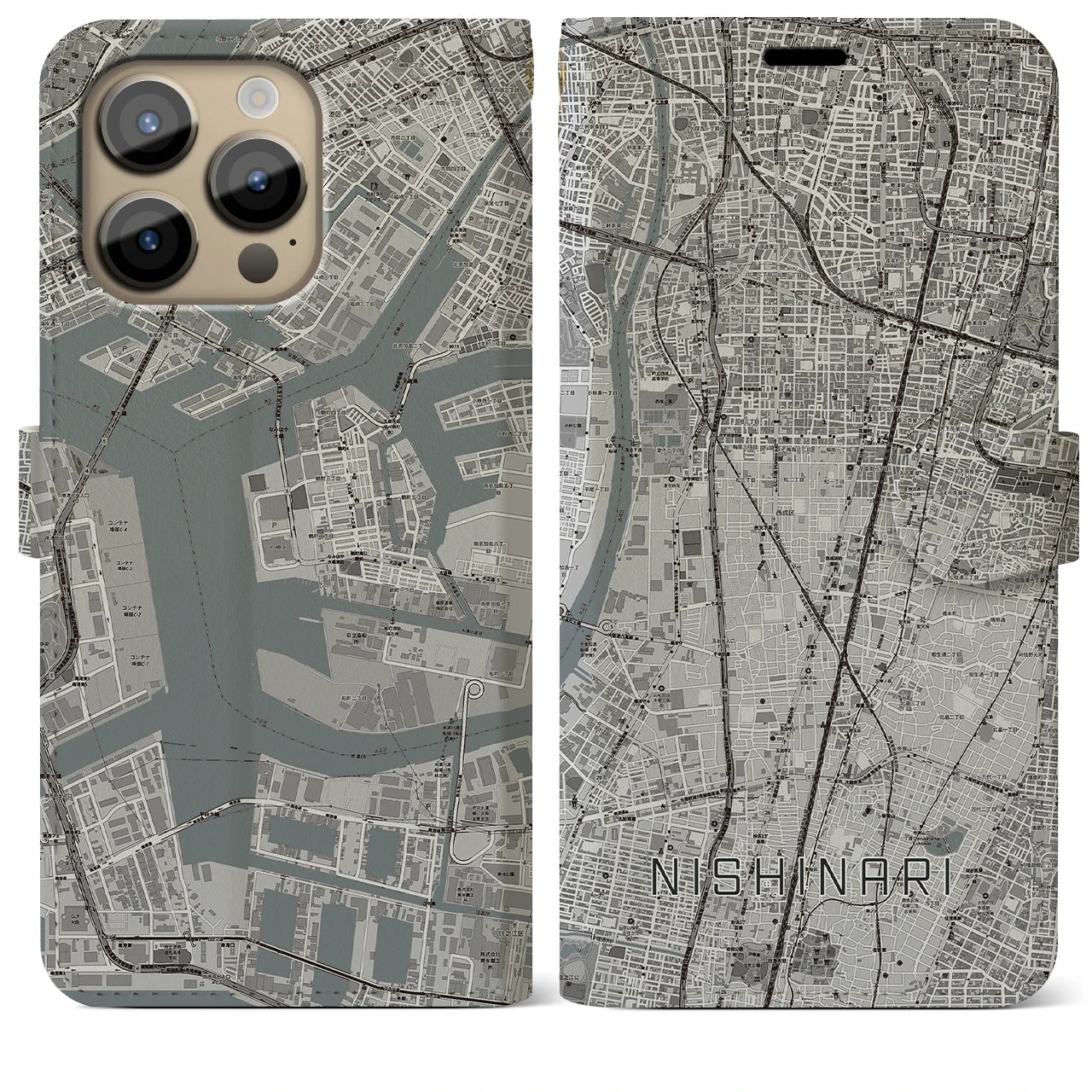 【西成】地図柄iPhoneケース（手帳両面タイプ・モノトーン）iPhone 14 Pro Max 用