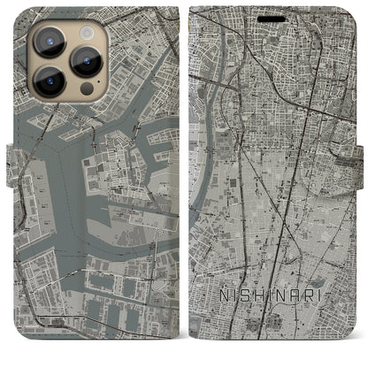 【西成（大阪府）】地図柄iPhoneケース（手帳タイプ）モノトーン・iPhone 14 Pro Max 用