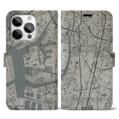 【西成（大阪府）】地図柄iPhoneケース（手帳タイプ）モノトーン・iPhone 14 Pro 用