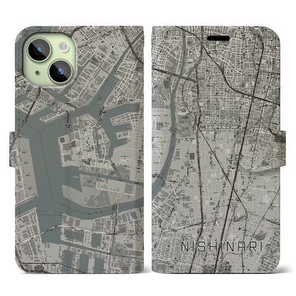【西成（大阪府）】地図柄iPhoneケース（手帳タイプ）モノトーン・iPhone 15 用