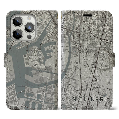 【西成（大阪府）】地図柄iPhoneケース（手帳タイプ）モノトーン・iPhone 15 Pro 用