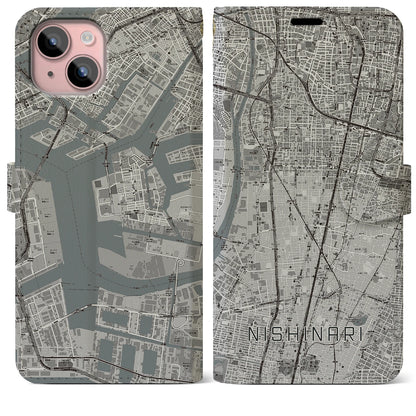 【西成（大阪府）】地図柄iPhoneケース（手帳タイプ）モノトーン・iPhone 15 Plus 用