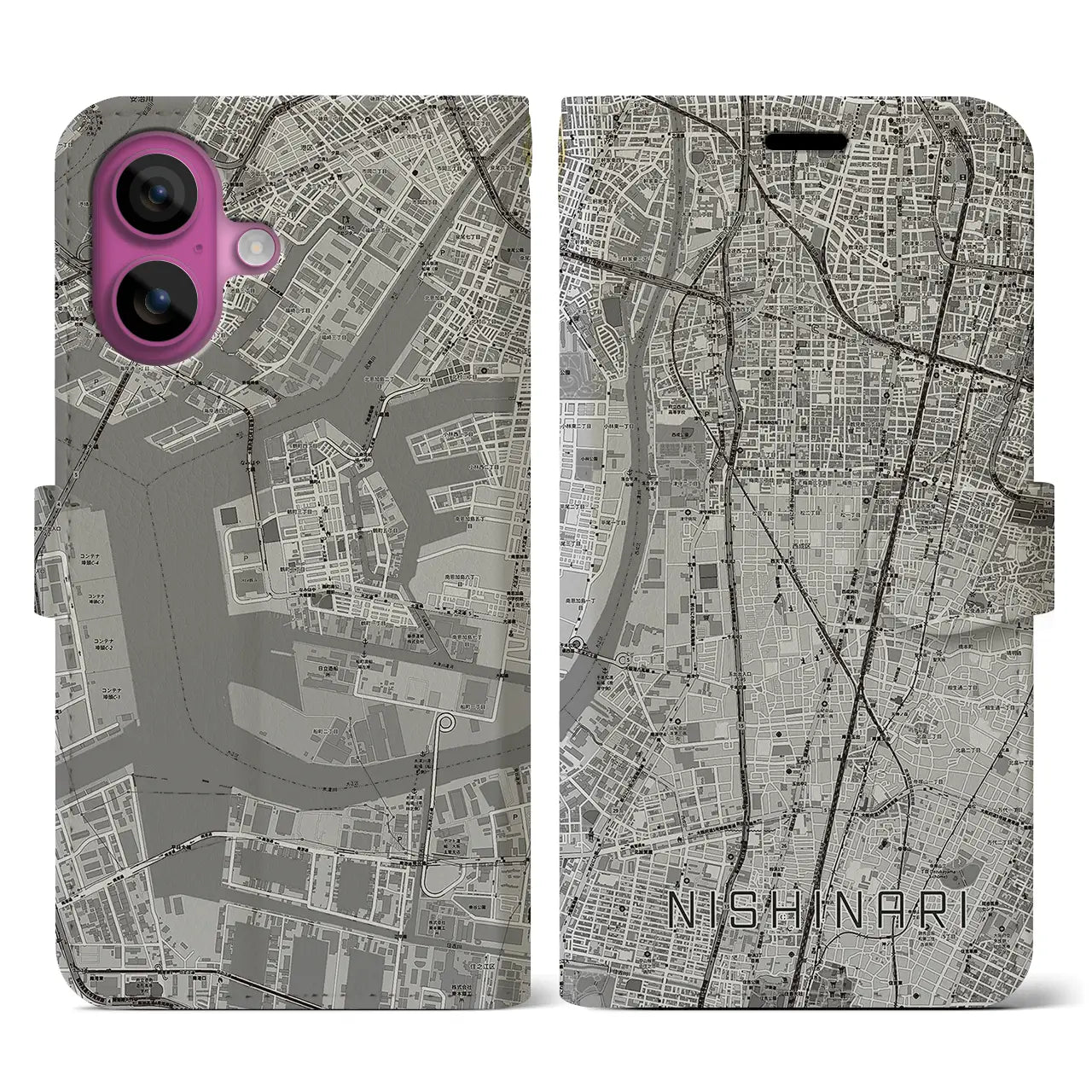 【西成（大阪府）】地図柄iPhoneケース（手帳タイプ）モノトーン・iPhone 16 Pro 用