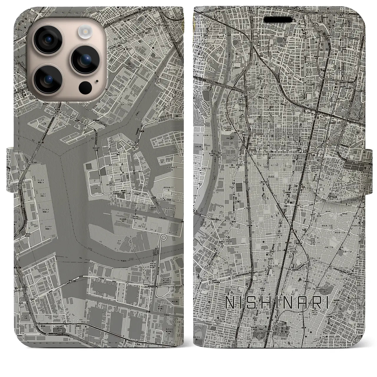 【西成（大阪府）】地図柄iPhoneケース（手帳タイプ）モノトーン・iPhone 16 Plus 用