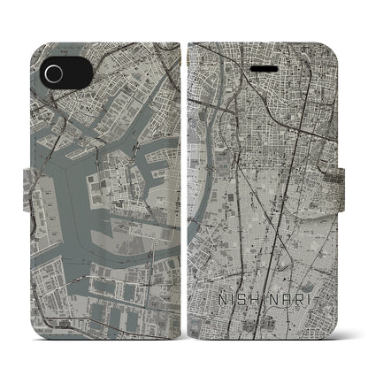 【西成（大阪府）】地図柄iPhoneケース（手帳タイプ）モノトーン・iPhone SE（第3 / 第2世代） / 8 / 7 / 6s / 6 用