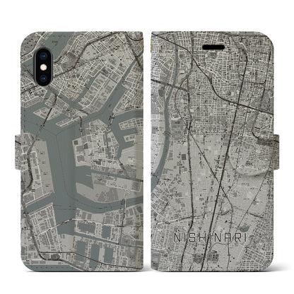 【西成（大阪府）】地図柄iPhoneケース（手帳タイプ）モノトーン・iPhone XS / X 用