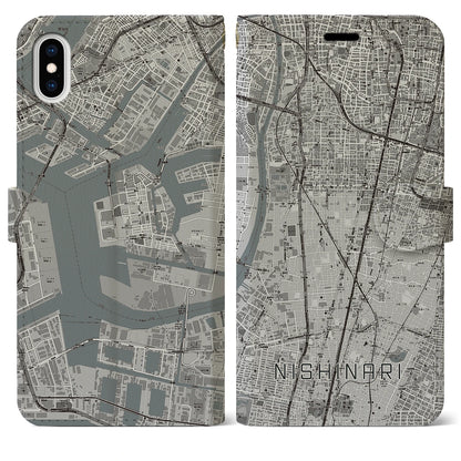 【西成（大阪府）】地図柄iPhoneケース（手帳タイプ）モノトーン・iPhone XS Max 用