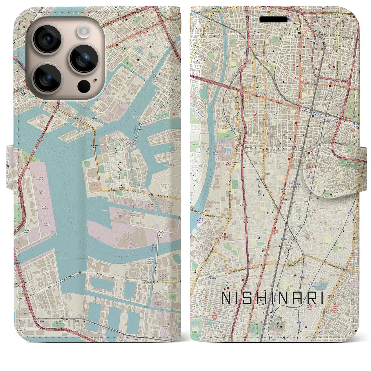 【西成（大阪府）】地図柄iPhoneケース（手帳タイプ）ナチュラル・iPhone 16 Plus 用