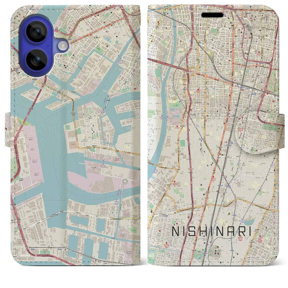 【西成（大阪府）】地図柄iPhoneケース（手帳タイプ）ナチュラル・iPhone 16 Pro Max 用