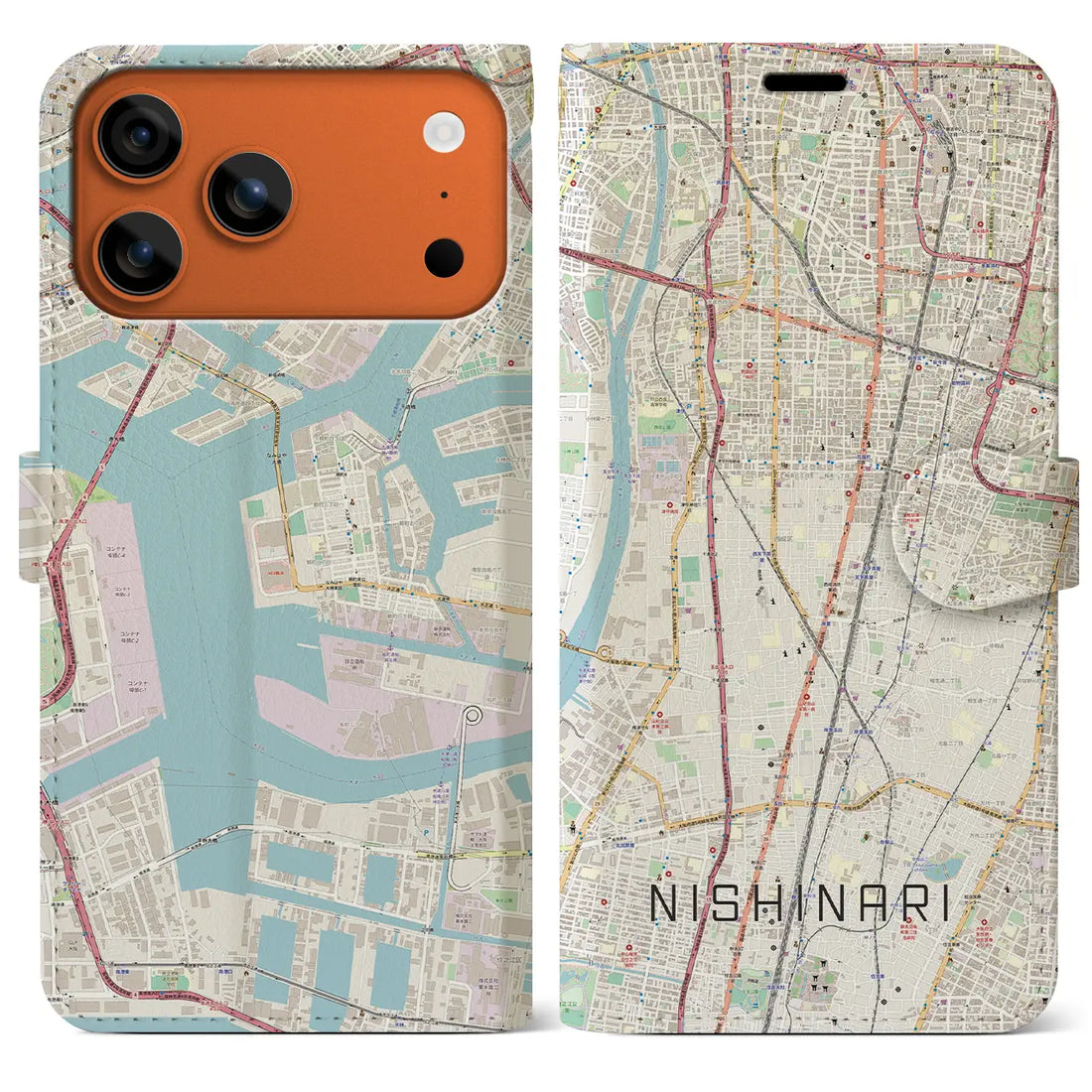 【西成（大阪府）】地図柄iPhoneケース（手帳タイプ）ナチュラル・iPhone 17 Pro Max 用