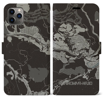 【西宮名塩（兵庫県）】地図柄iPhoneケース（手帳タイプ）モノトーン・iPhone 11 Pro Max 用