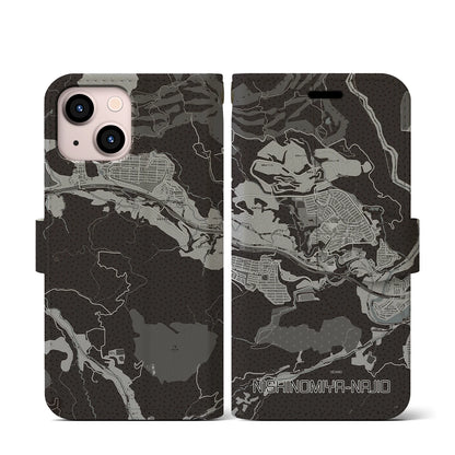 【西宮名塩（兵庫県）】地図柄iPhoneケース（手帳タイプ）モノトーン・iPhone 13 mini 用