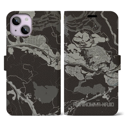 【西宮名塩（兵庫県）】地図柄iPhoneケース（手帳タイプ）モノトーン・iPhone 14 用