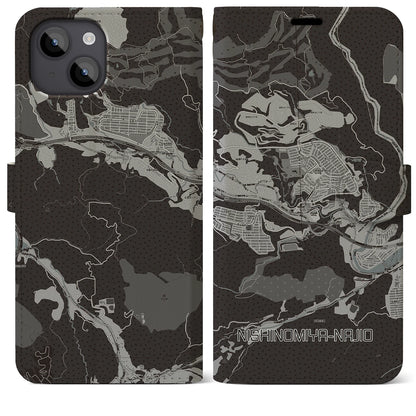 【西宮名塩（兵庫県）】地図柄iPhoneケース（手帳タイプ）モノトーン・iPhone 14 Plus 用