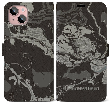 【西宮名塩（兵庫県）】地図柄iPhoneケース（手帳タイプ）モノトーン・iPhone 15 Plus 用