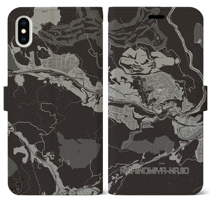 【西宮名塩（兵庫県）】地図柄iPhoneケース（手帳タイプ）モノトーン・iPhone XS Max 用