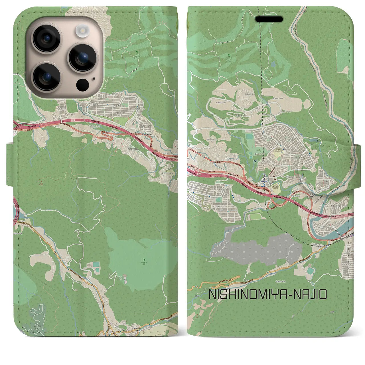 【西宮名塩（兵庫県）】地図柄iPhoneケース（手帳タイプ）ナチュラル・iPhone 16 Plus 用