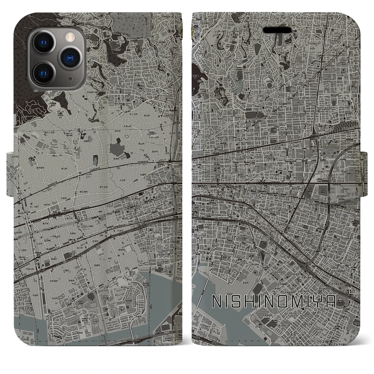 【西宮】地図柄iPhoneケース（手帳両面タイプ・モノトーン）iPhone 11 Pro Max 用