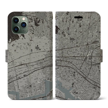 【西宮（兵庫県）】地図柄iPhoneケース（手帳タイプ）モノトーン・iPhone 11 Pro 用