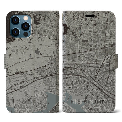 【西宮（兵庫県）】地図柄iPhoneケース（手帳タイプ）モノトーン・iPhone 12 / 12 Pro 用