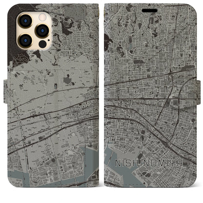 【西宮（兵庫県）】地図柄iPhoneケース（手帳タイプ）モノトーン・iPhone 12 Pro Max 用