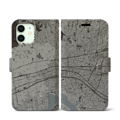【西宮（兵庫県）】地図柄iPhoneケース（手帳タイプ）モノトーン・iPhone 12 mini 用