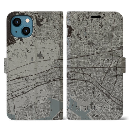 【西宮（兵庫県）】地図柄iPhoneケース（手帳タイプ）モノトーン・iPhone 13 用