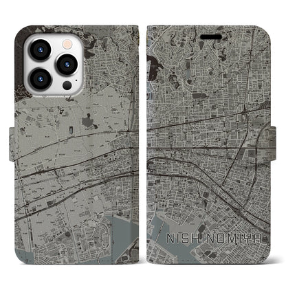 【西宮（兵庫県）】地図柄iPhoneケース（手帳タイプ）モノトーン・iPhone 13 Pro 用
