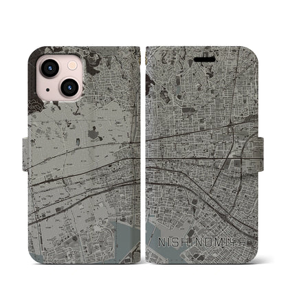 【西宮（兵庫県）】地図柄iPhoneケース（手帳タイプ）モノトーン・iPhone 13 mini 用