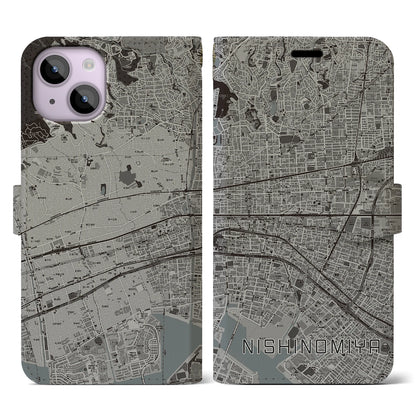 【西宮（兵庫県）】地図柄iPhoneケース（手帳タイプ）モノトーン・iPhone 14 用