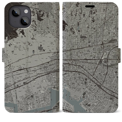 【西宮（兵庫県）】地図柄iPhoneケース（手帳タイプ）モノトーン・iPhone 14 Plus 用