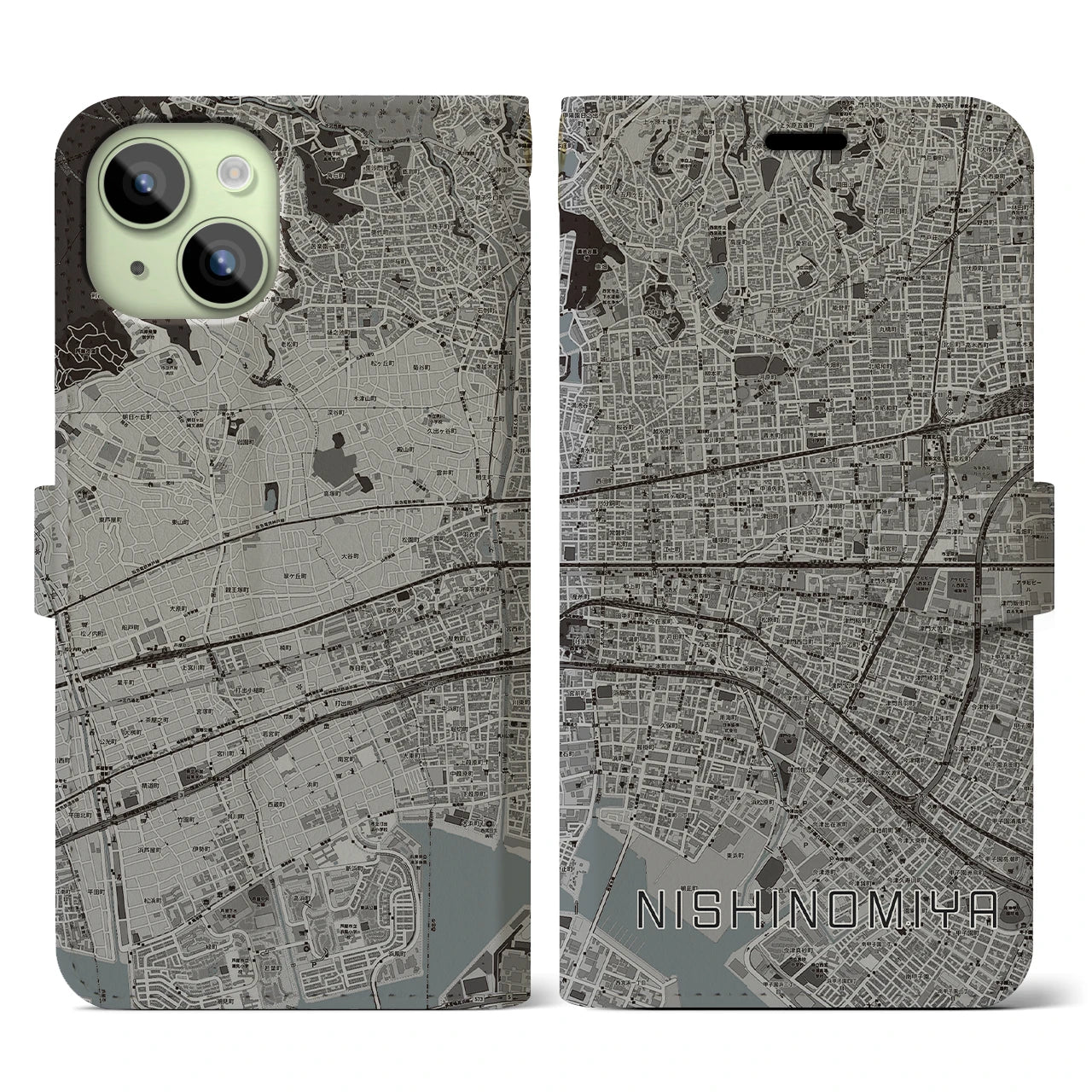 【西宮】地図柄iPhoneケース（手帳両面タイプ・モノトーン）iPhone 15 用