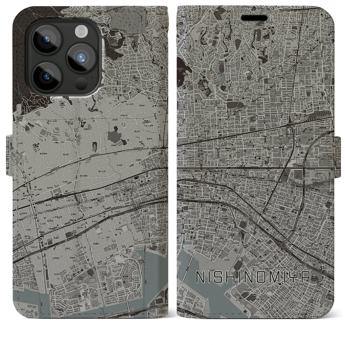 【西宮】地図柄iPhoneケース（手帳両面タイプ・モノトーン）iPhone 15 Pro Max 用