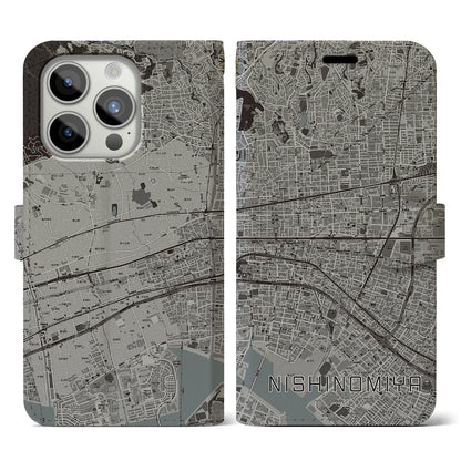 【西宮（兵庫県）】地図柄iPhoneケース（手帳タイプ）モノトーン・iPhone 15 Pro 用
