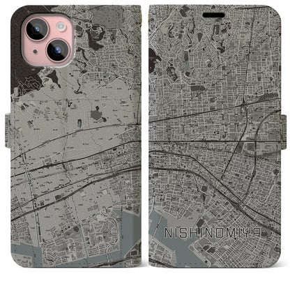 【西宮（兵庫県）】地図柄iPhoneケース（手帳タイプ）モノトーン・iPhone 15 Plus 用