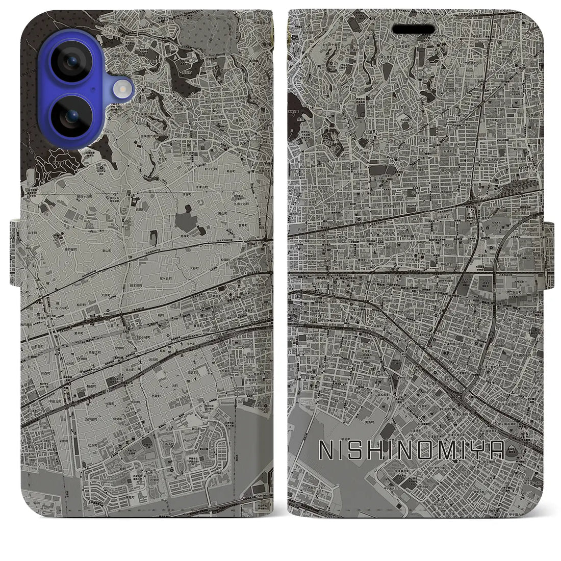 【西宮(兵庫県)】地図柄iPhoneケース(手帳タイプ)モノトーン・iPhone 16 Pro Max 用