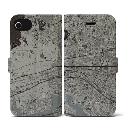 【西宮（兵庫県）】地図柄iPhoneケース（手帳タイプ）モノトーン・iPhone SE（第3 / 第2世代） / 8 / 7 / 6s / 6 用
