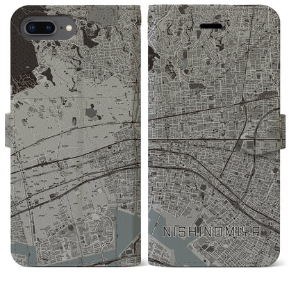 【西宮（兵庫県）】地図柄iPhoneケース（手帳タイプ）モノトーン・iPhone 8Plus /7Plus / 6sPlus / 6Plus 用