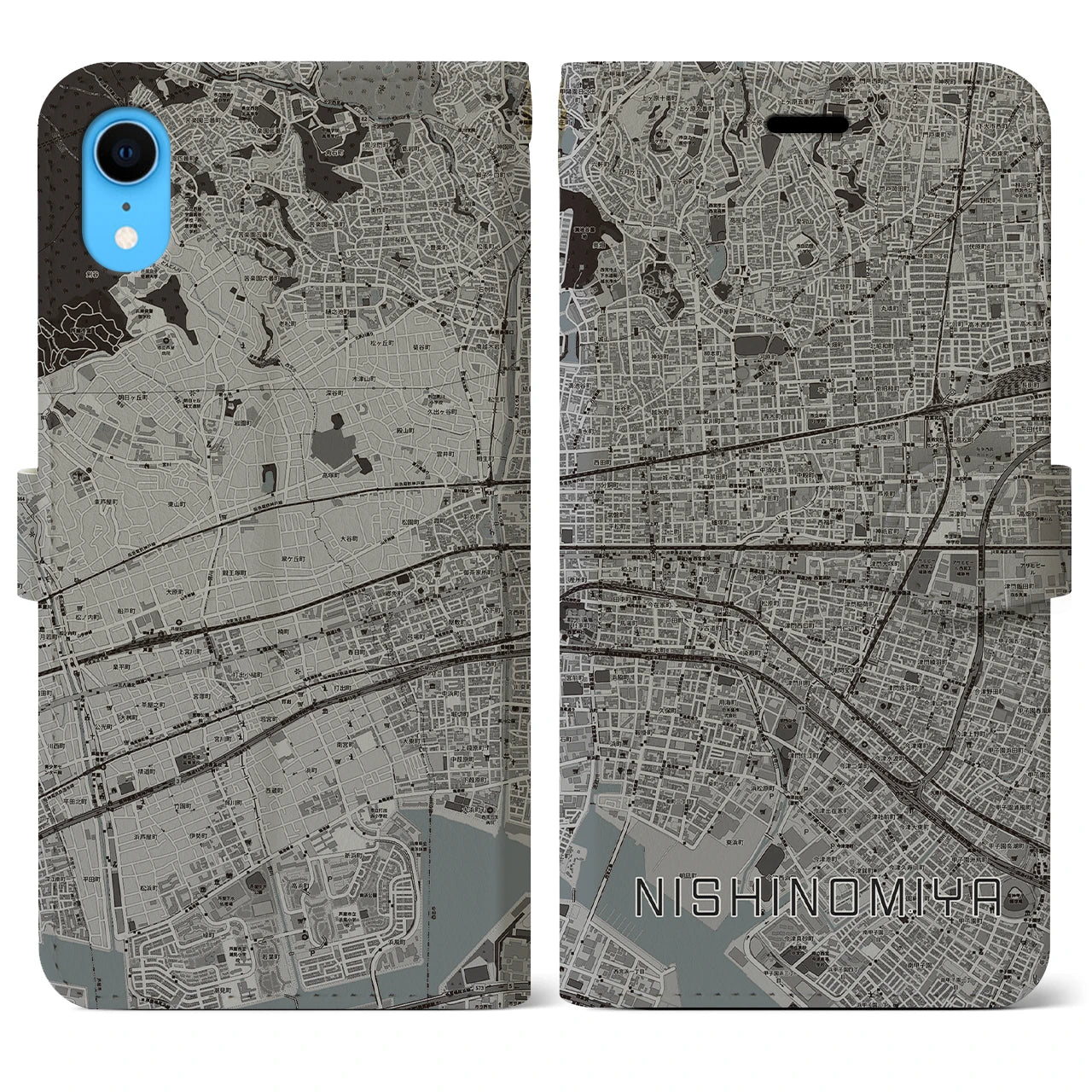 【西宮】地図柄iPhoneケース（手帳両面タイプ・モノトーン）iPhone XR 用