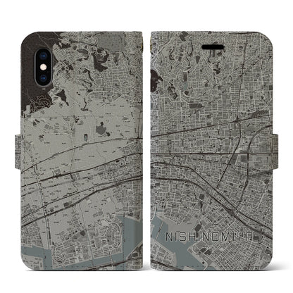 【西宮（兵庫県）】地図柄iPhoneケース（手帳タイプ）モノトーン・iPhone XS / X 用
