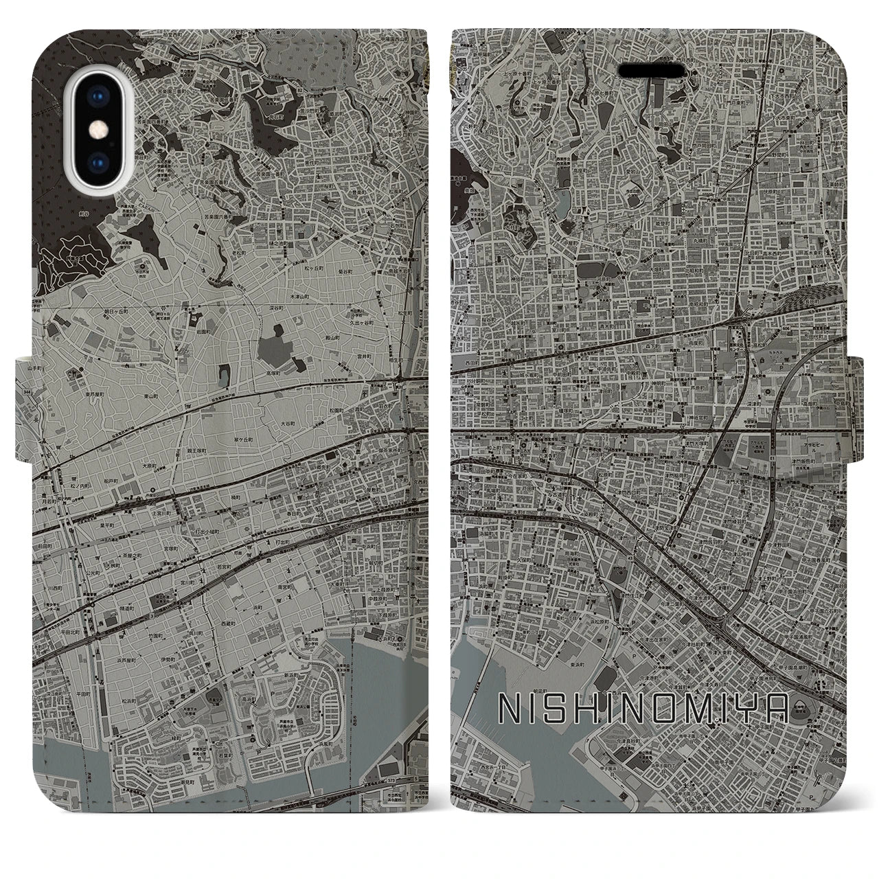 【西宮】地図柄iPhoneケース（手帳両面タイプ・モノトーン）iPhone XS Max 用
