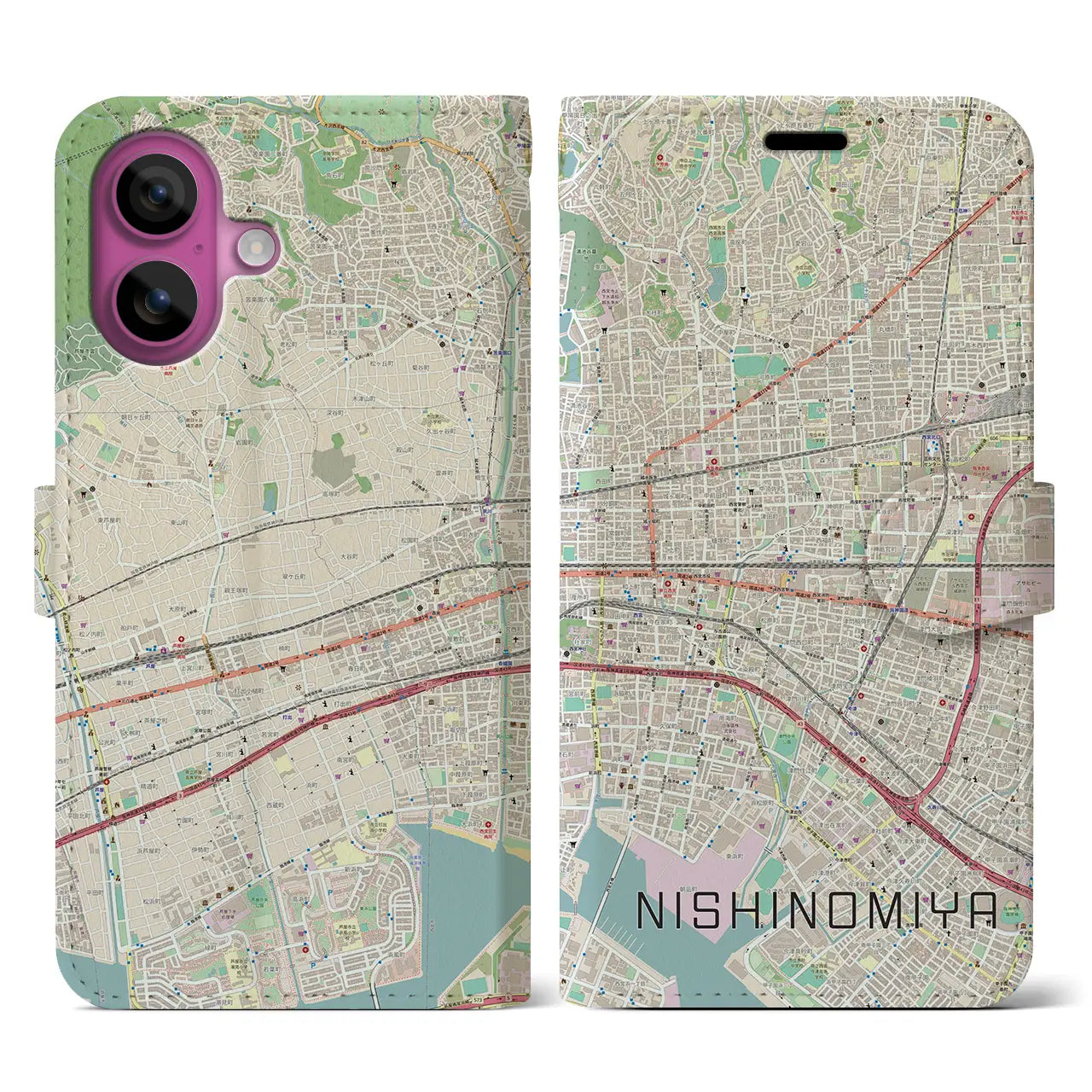 【西宮（兵庫県）】地図柄iPhoneケース（手帳タイプ）ナチュラル・iPhone 16 Pro 用