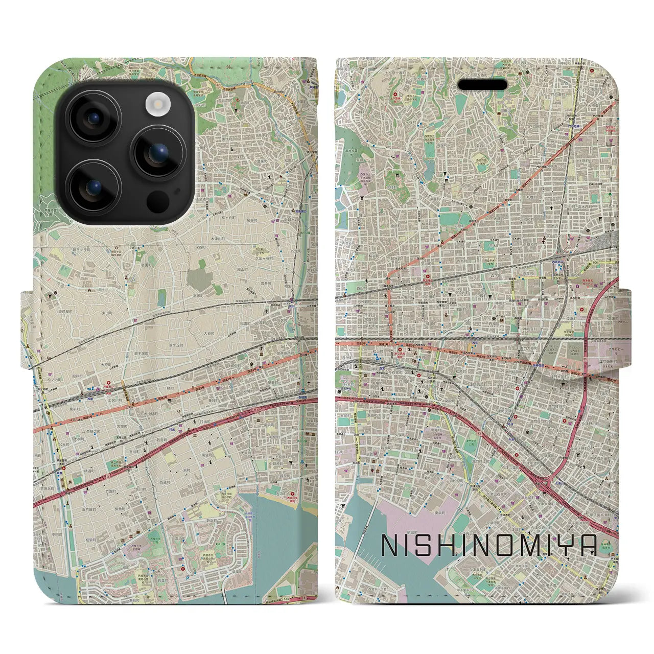 【西宮（兵庫県）】地図柄iPhoneケース（手帳タイプ）ナチュラル・iPhone 16 用