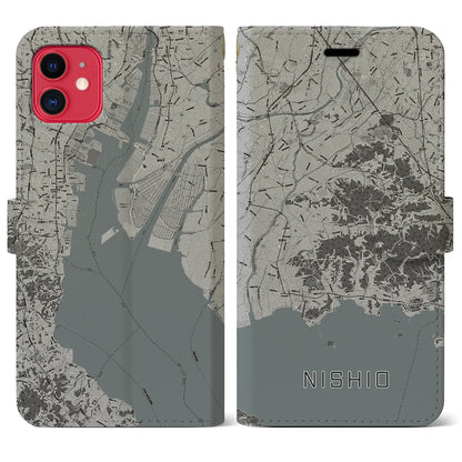 【西尾2（愛知県）】地図柄iPhoneケース（手帳タイプ）モノトーン・iPhone 11 用