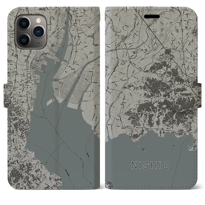 【西尾2（愛知県）】地図柄iPhoneケース（手帳タイプ）モノトーン・iPhone 11 Pro Max 用