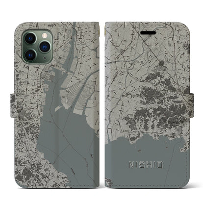 【西尾2（愛知県）】地図柄iPhoneケース（手帳タイプ）モノトーン・iPhone 11 Pro 用